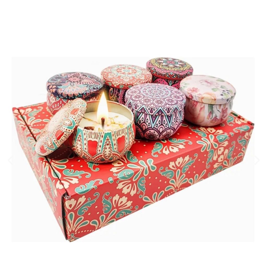 NUEVO DISEÑO de 6 Velas Aromáticas de Soya Premium en Contenedores  Reutilizables Mandalas, 100% Naturales - Regala Relajación y Bienestar