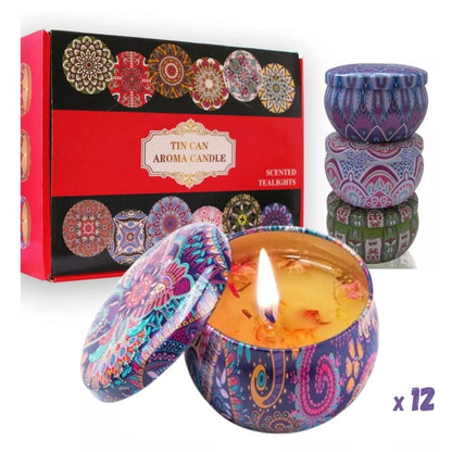 Set de 12 Velas Aromáticas de Soya Premium en Contenedores  Reutilizables Mandalas, 100% Naturales - Regala Relajación y Bienestar